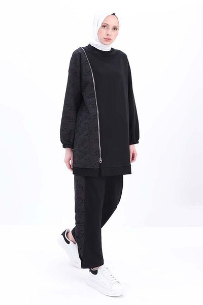 ALLDAY Black-Large Size Fisto Garnished Lycra Trousers Suit