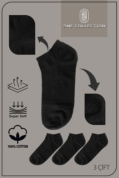SME COLLECTİON Men's Cotton Black Socks 3-Piece Pack Non-Tight Socks / Non-Tight / 1St. Class Quality