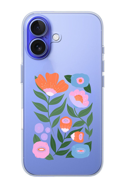 moonset Iphone 16 Uyumlu Sanatsal Çiçek Tasarımlı Baskılı Şeffaf Telefon Kılıfı