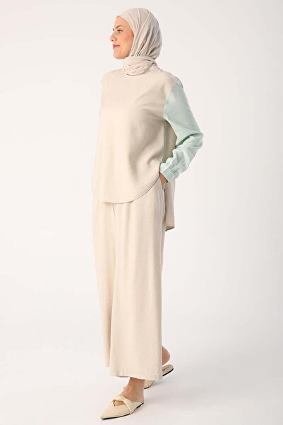 ALLDAY Σετ παντελονιού με λεπτομέρεια μπεζ γαρνιρισμένο