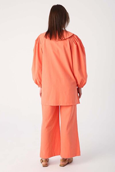 ALLDAY Orange-Gold Buttoned Large Collar Trousers Suit