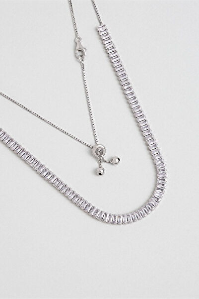 So CHIC... Baget Işıltısı 18 Ayar Beyaz Altın Kaplama Ayarlanabilir Gümüş Choker Kolye