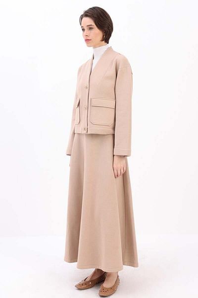 ALLDAY Beige-Metal Buttoned Chartoned Skirt Suit