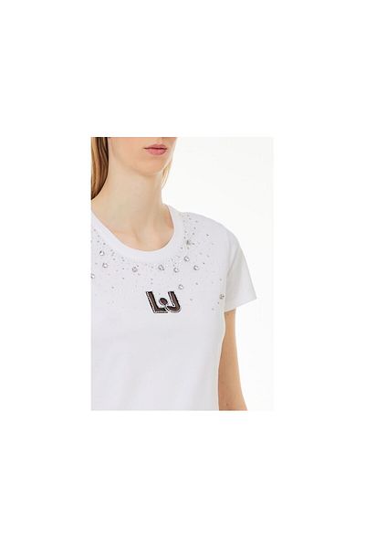 Liu Jo Tricou cu mânecă scurtă cu gât rotund cu detaliu în piatră pentru femei - N9984 WF4106J5904