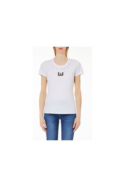 Liu Jo Tricou cu mânecă scurtă cu gât rotund cu detaliu în piatră pentru femei - N9984 WF4106J5904