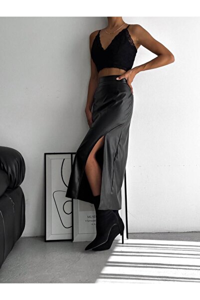 KaSheHa Siyah Full Esnek Yırtmaçlı Arkadan Fermuarlı Deri Etek 89 Cm