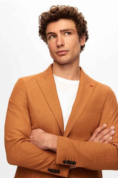 Twn Slim Fit Camel Dobby Blazer Υφασμάτινο Μπουφάν