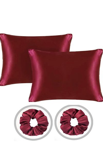 AG ATÖLYE Silk Satin Pillow Case - 50x70 Cm, 2 Pieces Curly Hair, Burgundy 2 Pieces Buckles