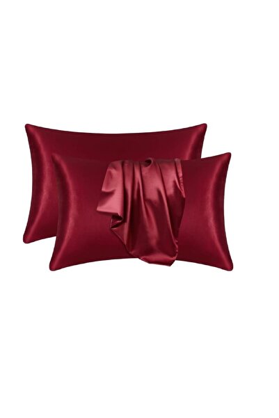 AG ATÖLYE Ipek Saten 50x70 Cm Yastık Kılıfı 2 Adet Kıvırcık Saçlar Bordo 2 Adet Toka