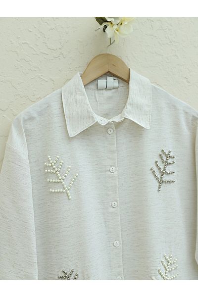 Modamorfo Linen Shirt - Leaf Motif and Pearl, Stone Color