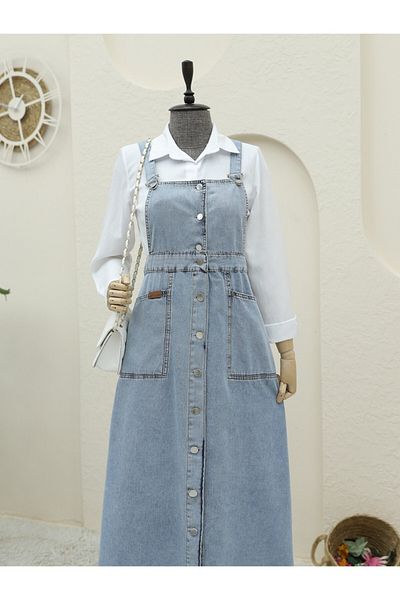 Modamorfo Salopet din denim albastru gheață - cu nasturi de lungime și buzunare duble