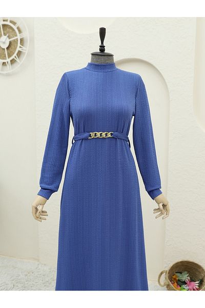 Modamorfo Indigo Lycra μακρύ φόρεμα - με γιακά και λεπτομέρεια ζώνης