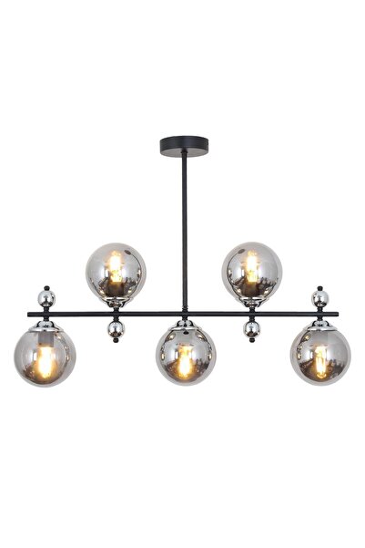 Taşcan Aydınlatma Serra 5 li Siyah Krom Avize Füme Camlı Modern Mutfak Yemek Masası Üstü Yatak odası Salon Avize