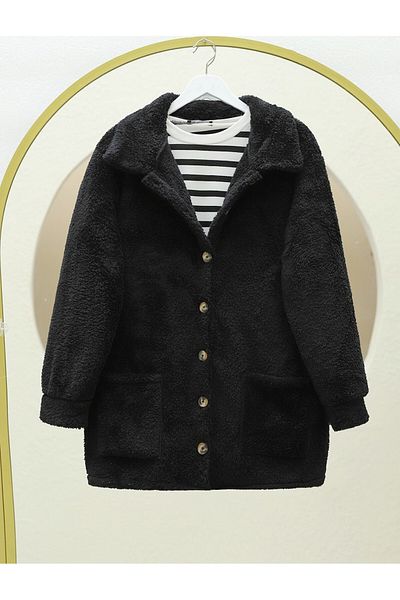 Modamorfo Plüschjacke mit Knopftaschen – Schwarz