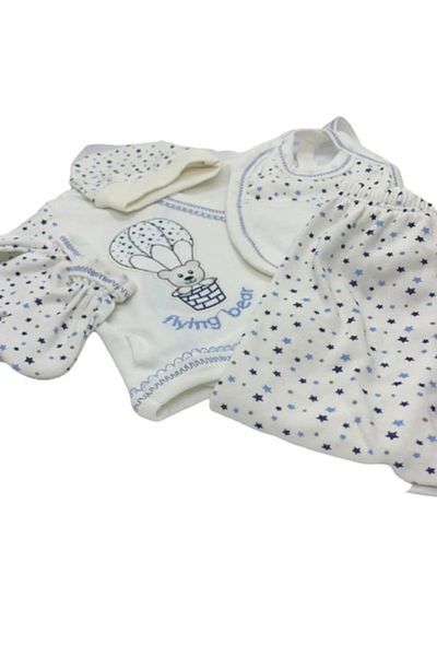 Şanbebe Burtaç Outlet - 100% Cotton 5-Piece Bodysuit Newborn Hospital Discharge Set Blue 30507