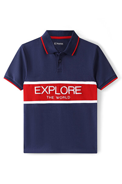 Pine kids تي شيرت بولو قطني بأكمام نصفية مع طباعة نصية من Pine Kids - أزرق دا...