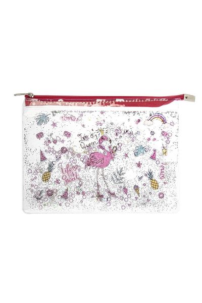 VUKİ Clear A5 File with Flamingo Glitter and Watery Zipper