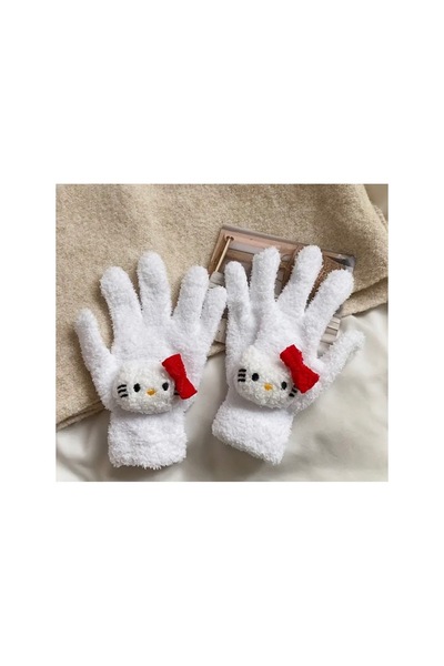 Hello Kitty İthal Y2k Hello Kitty Beyaz Peluş Kış Eldivenleri