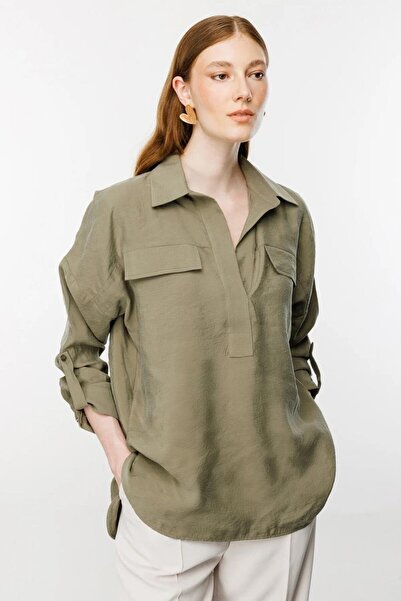Nazen Giyim قميص نسائي كاكي - غطاء وجيب صامت، موديل 34391-2Y4