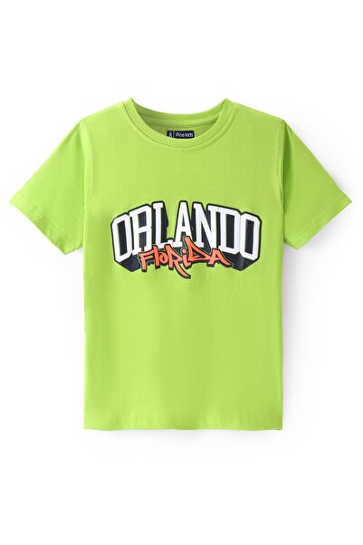 Pine kids تي شيرت من القطن المحبوك بأكمام نصفية مع رسومات نصية - أخضر ليموني