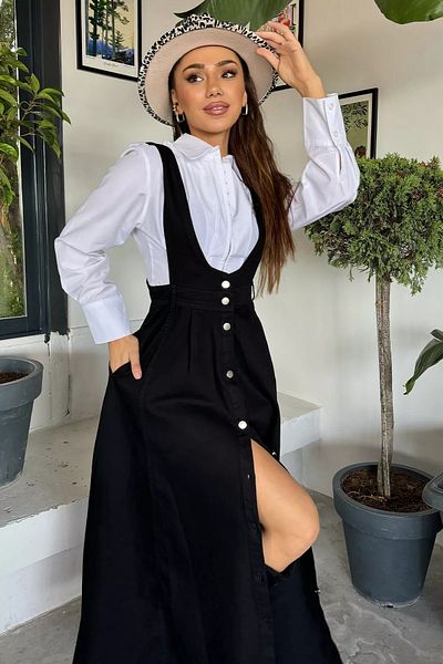 GÜLSELİ Černé dámské džínové šaty Salopet Denim Jean