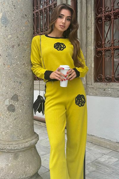 GÜLSELİ Oil Green Women's Stone Embroidered Sweater Trousers Knitwear Double Set