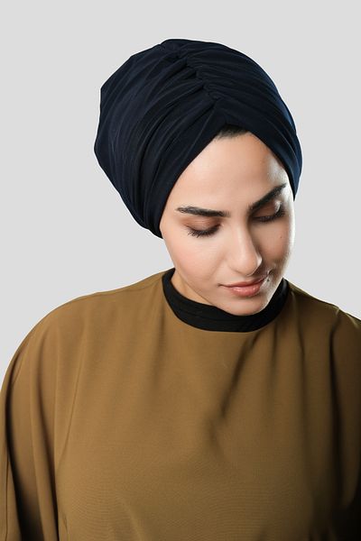 HÜRREM BONE Navy Blue Draped Casual Hijab Bonnet Sandy Gathered 2315_02