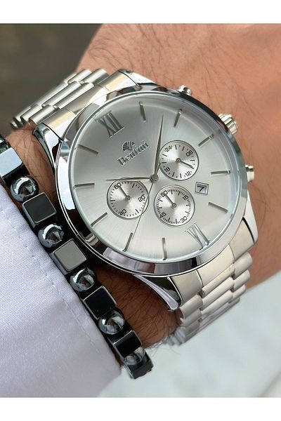 Bentini Silver Color Functions Active Original Steel Band Men Wrist Watch with Bracelet Gift