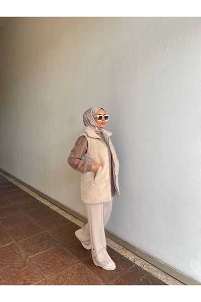 Minel سترة نسائية قصيرة منتفخة من الفرو باللون البيج
