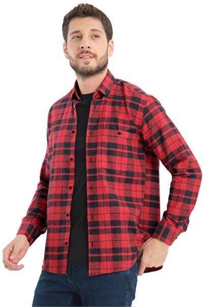 Varetta Dark Red Checked - Wide Cut Men's Shirt with Pockets