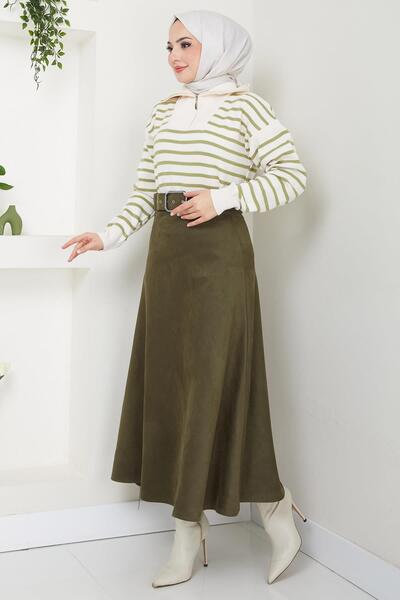 hafsamina Χακί Suede Mevlana Φούστα - Ζώνη, Μοντέλο No: HM2607