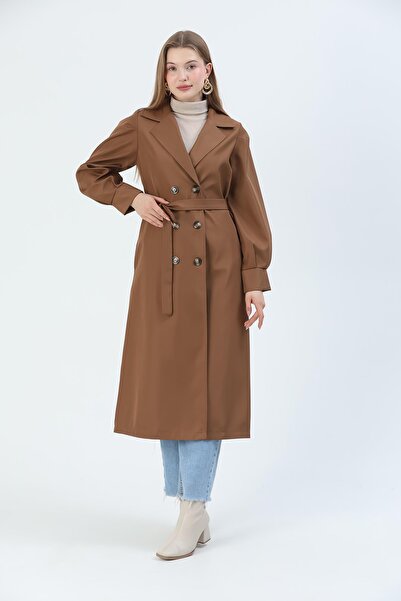 QUBERZ Balon Kol Manşetli Trençkot Taba