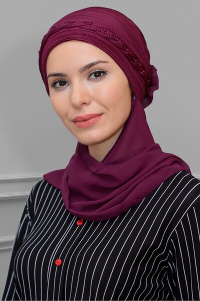 HÜRREM BONE Şarabi Pratik Hazır Geçmeli Tesettür Bone Fukuro Şifon plisat împ...