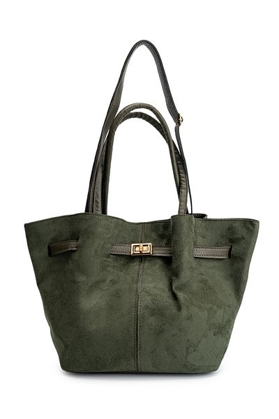 minebag Khaki Color Suede Women's Shoulder Bag - Belt Detailed
