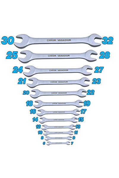 Badem10 Set of 12 Fork Mouth Two Mouth Wrenches - Chrome Vanadium