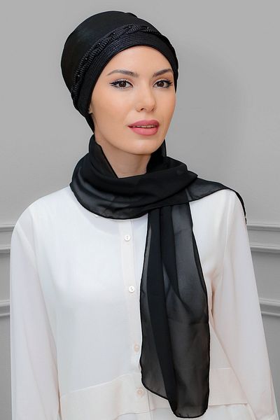 HÜRREM BONE Μαύρο πρακτικό έτοιμο κουκούλα Hijab Fukuro πλισέ πλεκτό σιφόν κασκόλ 1825a_01