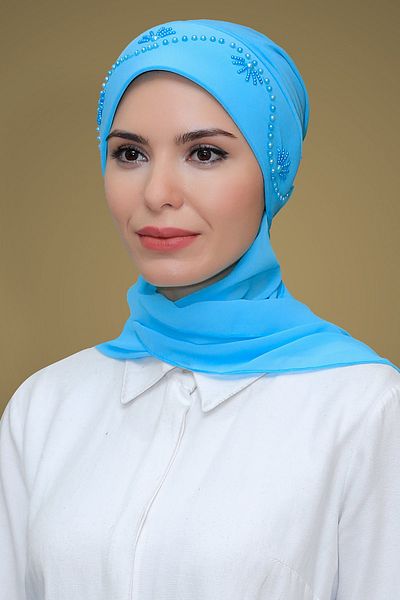 HÜRREM BONE B. Μπλε Πρακτικό Έτοιμο Καπάκι Hijab Άμμο Ύφασμα Ροζ Κεντημένο Σιφόν Κασκόλ 1206a_11