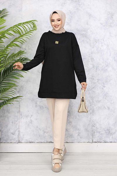 giyze Brooch Detailed Tunic Black 5034