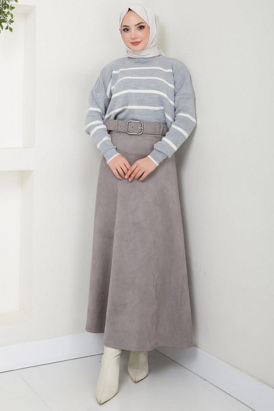 hafsamina Γκρι Suede Mevlana ζωσμένη φούστα - HM2607