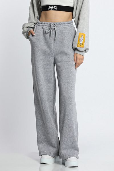julude Pantaloni de trening Palazzo, gri, cu șireturi, cu trei fire, cu picioare largi