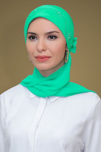 HÜRREM BONE Water Green Practical Ready-Made Hijab Bonnet Αμμώδες ύφασμα με ροζ κεντημένο σιφόν κασκόλ 1206a_32
