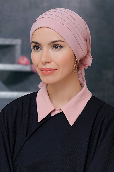 HÜRREM BONE مسحوق عملي حجاب متشابك جاهز بونيه قماش رملي مطوي ومضلع وردي 1806_06