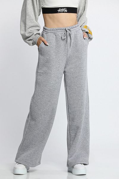 julude Pantaloni de trening Palazzo, gri, cu șireturi, cu trei fire, cu picioare largi