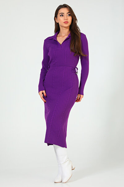 GÜLSELİ Purple Women's Polo Collar Winter Waist Tied Long Knitwear Dress
