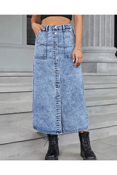 pass&pass 2102-Etk Women's Lycra Front Button Jeans Jeans Denim Long Skirt
