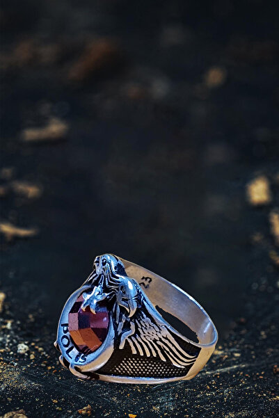 OSMANLI GÜMÜŞ Erkek Gümüş Yüzük - Polis Yazılı Kartal Motifli Yakut Taşlı Yan...