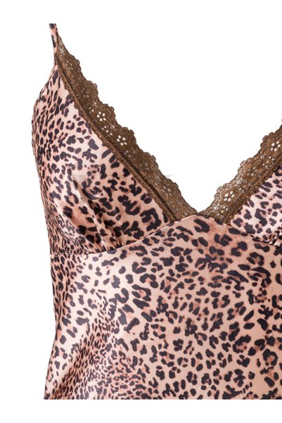 El Major Leopard Patterned Satin Nightgown - Adjustable Straps, Lace Decolletage, Stylish and Luxurious Design
