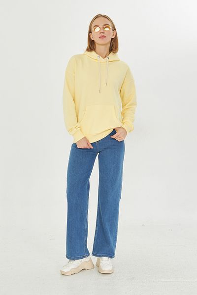 Kutaf Women's Yellow Kangaroo Pocket Raised Hooded Regular Fit Sweatshirt