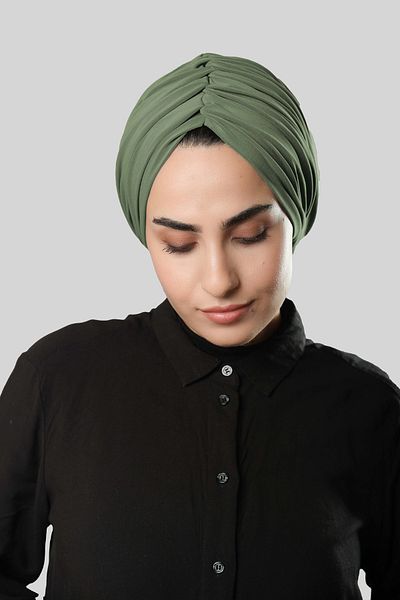 HÜRREM BONE Oil Green Draped Casual Hijab Bonnet Sandy Gathered 2315_36