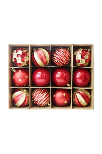 Parti Adresi Christmas Ball Boxed Pine Tree Ornaments Mixed Patterned Red-Gold 8 cm 12-Pack